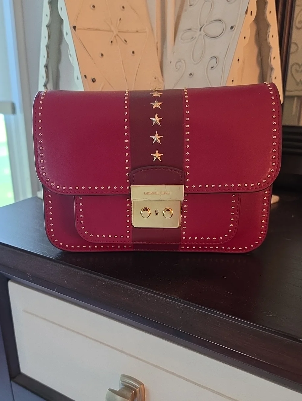 Michael Kors Burgundy Leather Star-Stud Crossbody with Gold Hardware